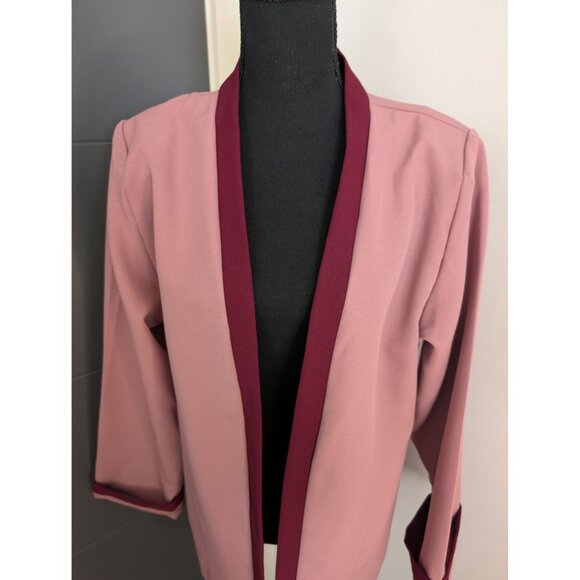 Vintage Anthony Richards Open Front Pink Blazer with Burgundy Trim Size 12 - Picture 2 of 11
